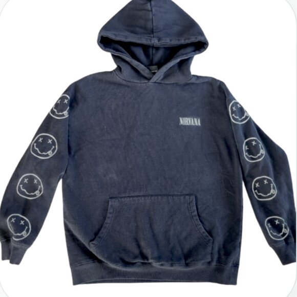 NIRVANA black pullover hoodie Smiley faces down arms and on back Men's S Women M - Picture 2 of 10